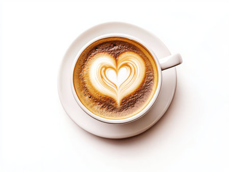Coffee cup, heart-shaped foam, espresso, latte art, white ceramic, overhead view, high contrast, minimalist, romantic, circular composition, smooth texture, rich brown coffee, creamy foam, isolated on white background, professional photography, product shot, love, valentine's day theme, stylish, perfection in simplicity -の素材