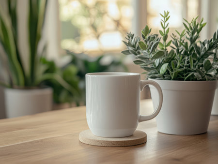 A white mug rests on a coaster, positioned next to a potted plant. The scene is set on a wooden table, creating a serene and simple still life composition.の素材