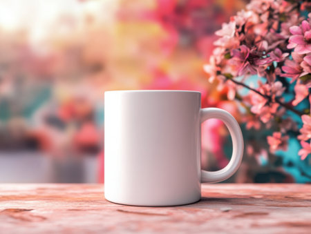 A simple white mug sits on a wooden surface, with a soft floral arrangement in the distance. The scene evokes a sense of calm and is perfect for showcasing designs.の素材