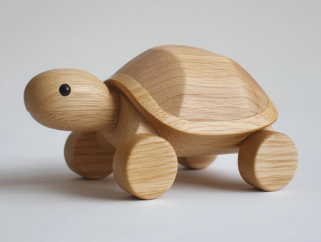 a close up shot displays a wooden toy turtle. crafted with care, the turtle features a smooth shell and round wheels, resting on a plain white surface.の素材