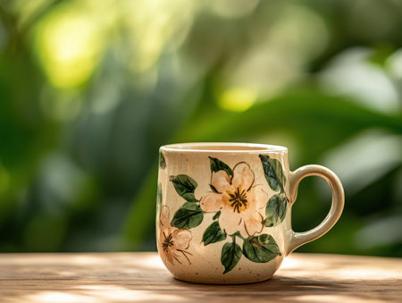 A floral mug sits on a wooden surface, with a blurred green foliage background. The mug is decorated with flowers and leaves, creating a natural scene.の素材