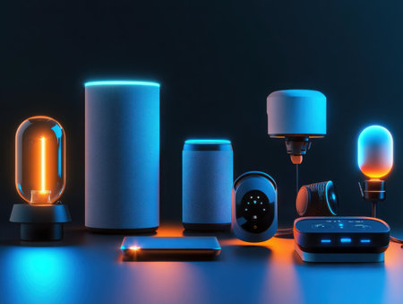 a collection of various smart home devices are arranged on a surface, glowing with blue and orange accents, creating a modern and futuristic aesthetic.の素材