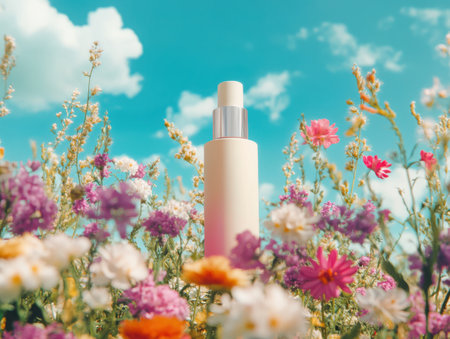 A cosmetic bottle stands amidst a vibrant field of colorful flowers under a bright sky. The scene evokes a sense of natural beauty and freshness, ideal for skincare promotion.の素材