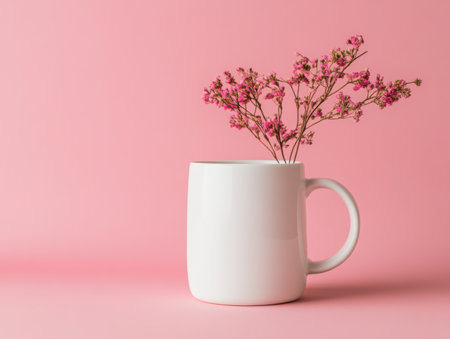 A white mug holds small pink flowers. The backdrop is a soft pink color, creating a simple, delicate, and minimal still life composition. Studio shot.の素材