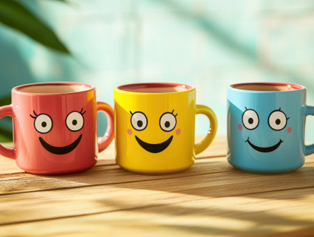 Three colorful mugs with smiley faces are arranged on a wooden surface. The mugs are pink, yellow, and blue, each with a unique cartoon face, creating a cheerful and playful scene.の素材