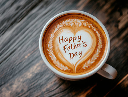 a cup of coffee with a happy father's day message is placed on a wooden surface. the coffee has latte art with a heart design in the center.の素材