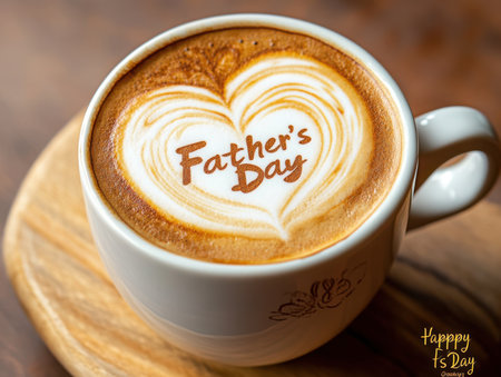 A cup of coffee with latte art forming a heart shape. The words father's day are written inside the heart. It rests on a wooden surface.の素材