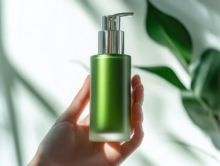 A hand holds a green cosmetic bottle with a pump. The bottle is set against a bright backdrop with a blurred plant, suggesting a focus on natural beauty and skincare products.の素材