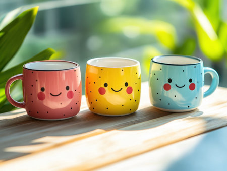 Three colorful mugs with smiley faces are displayed on a wooden surface. The mugs are pink, yellow, and blue, each adorned with polka dots and a charming smile, creating a cheerful and inviting scene.の素材