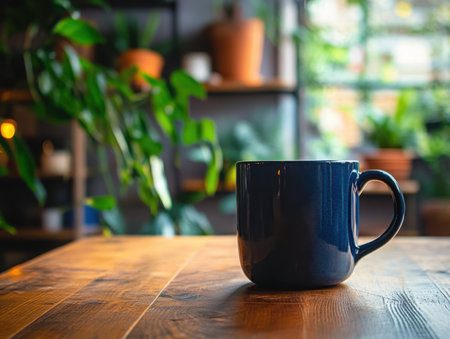 A blue mug rests on a wooden table, with plants visible in the background. The scene is warm and inviting, perfect for a relaxing moment with a beverage.の素材