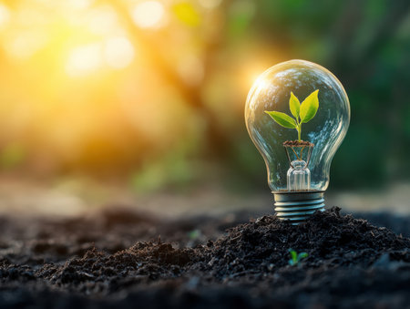 a light bulb sits atop dark soil, a tiny plant growing inside. bright light shines from above, symbolizing new ideas and environmental consciousness.の素材