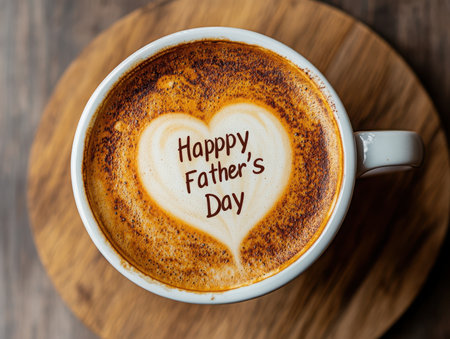 a top view of a coffee cup with a heart design and the message happy fatherの素材