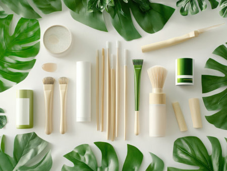 Overhead shot of cosmetic products and green leaves. Perfect for showcasing skincare, beauty, or wellness brands. The image highlights natural and organic elements.の素材