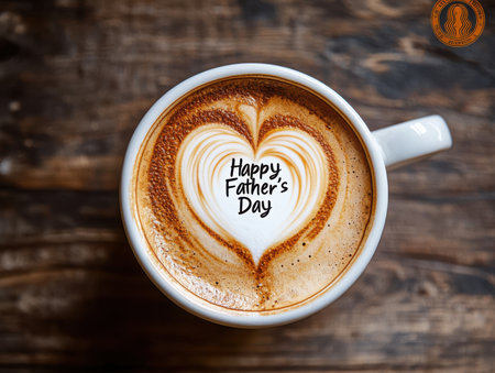 a cup of coffee with heart shaped foam and happy father's day text is placed on a wooden surface, perfect for a father's day celebration message.の素材