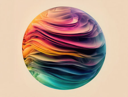 A spherical abstract design featuring layered, wavy formations in a vibrant gradient of colors. The texture creates a visually appealing pattern and form.の素材
