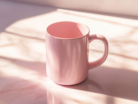 A pink mug rests on a surface, bathed in light and shadow. The scene is simple and clean, with a focus on the mug's form and color, creating a serene moment.の素材