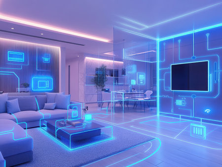 a bright futuristic living room is displayed, featuring glowing blue lines highlighting the furniture and technology, creating a modern and innovative space.の素材