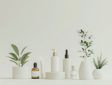 A minimalist arrangement of cosmetic bottles and plants. The scene features various bottles and plants, suggesting a focus on beauty, skincare, and natural wellness, all set against a clean backdrop.の素材