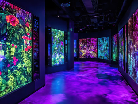 A vibrant hallway features floral screens, casting a purple glow. The exhibit showcases botanical artwork with colorful illumination, creating a modern and immersive space.の素材