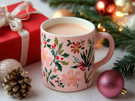 a festive scene featuring a pink floral mug filled with a warm drink, surrounded by christmas ornaments, a wrapped gift, and pinecones on a white surfaceの素材