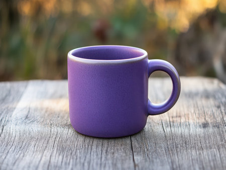 a purple mug is placed on a wooden surface. the scene evokes a sense of calm. the focus is on the mug, highlighting its color and form.の素材