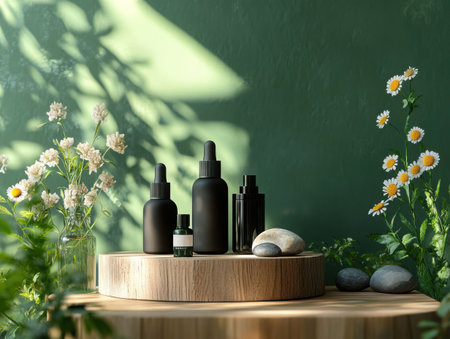 A display of cosmetic bottles and flowers arranged on a wooden platform. The scene is set against a green backdrop, creating a natural and serene ambiance perfect for showcasing beauty and wellness products.の素材