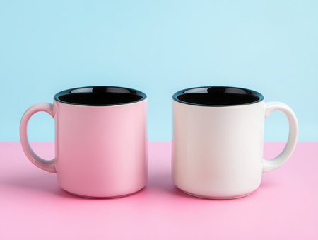 a pink and white mug are placed on a pink and blue surface. the mugs have handles and appear to be ceramic. they are empty and clean looking objects.の素材