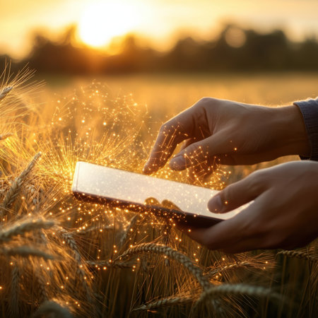 A person interacts with a device in a golden wheat field, enhanced with sparkling light effects. The image evokes innovation and agricultural technology.の素材