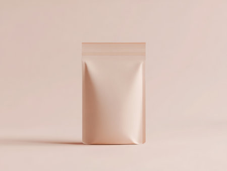 a simple pouch is displayed. the pouch is standing upright. the backdrop is a light pink color. the scene is minimalistic and clean with soft lighting.の素材