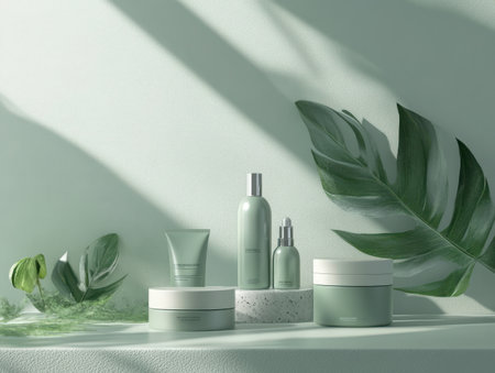 A minimalist product display featuring cosmetic bottles and containers arranged with a large green leaf. The scene is bathed in soft light, highlighting the clean lines and natural aesthetic.の素材
