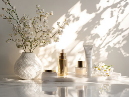 Elegant still life featuring cosmetic products like serum, cream, and lotion with floral accents. The composition highlights beauty, wellness, and luxury, set against a bright surface.の素材