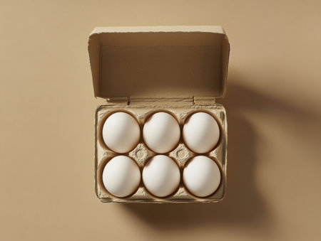 A top-down view shows six white eggs nestled in an open cardboard carton. The carton sits on a solid beige surface, creating a simple, clean image.の素材