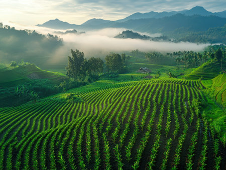 a scenic view shows green fields with mountains in the background, shrouded in mist. the landscape is lush and vibrant, highlighting the beauty of nature.の素材