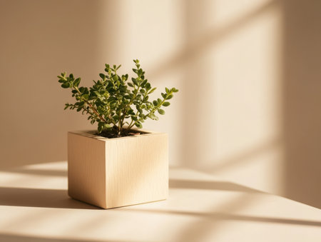 A small plant in a square pot sits on a neutral surface, casting shadows. The image is simple and calming, with a focus on natural light and botanical beauty.の素材
