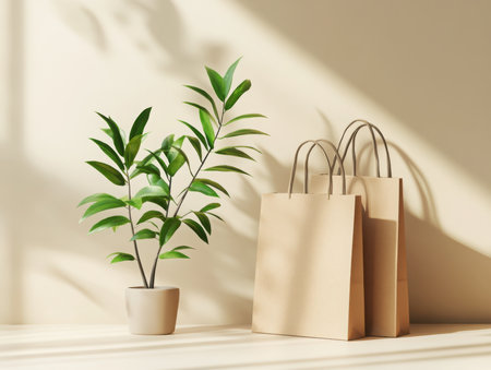 a still life featuring a potted plant and paper bags against a beige wall. the soft light and shadows create a minimal, aesthetic composition.の素材