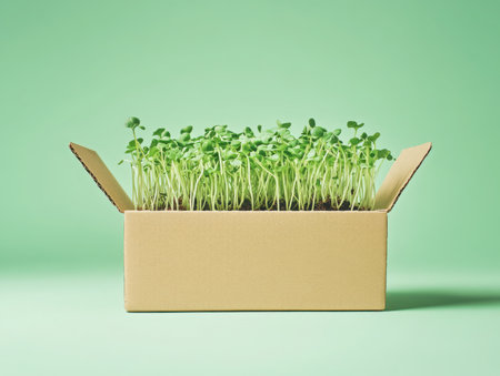 close up of microgreens sprouting from soil in a cardboard box. the box sits against a solid green backdrop, highlighting the vibrant green sprouts.の素材
