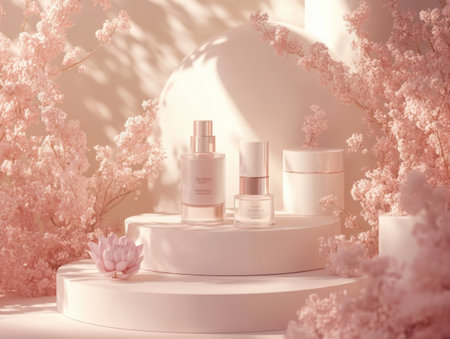 Elegant cosmetic bottles are displayed on a pedestal, surrounded by delicate pink floral decorations. A serene studio shot showcasing beauty and skincare products.の素材
