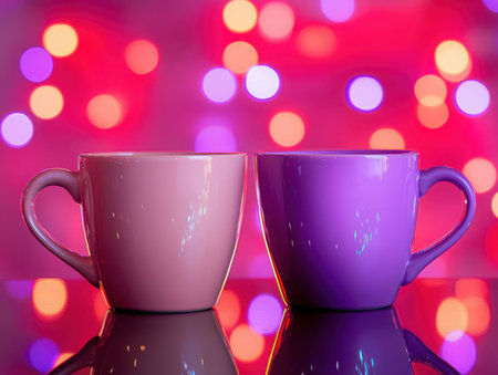 A pink mug and a purple mug sit next to each other. The background is filled with soft, glowing bokeh lights, creating a warm and inviting atmosphere.の素材