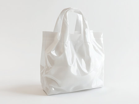 a pristine white plastic bag with handles is presented on a bright white surface, perfect for showcasing retail merchandise in a clean and minimal styleの素材