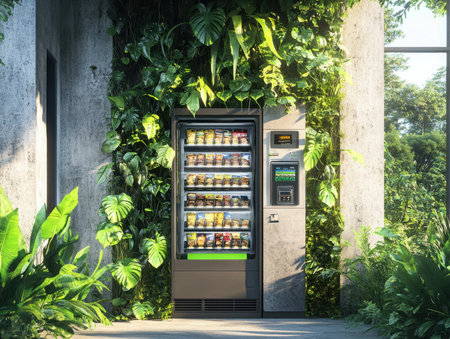 A vending machine is surrounded by greenery, blending with the modern architecture. The lush plants create a unique and inviting environment outside.の素材