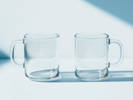 A pair of clear mugs are presented on a white surface, casting soft shadows. The composition is clean and minimalist, highlighting the mugs' simple design.の素材