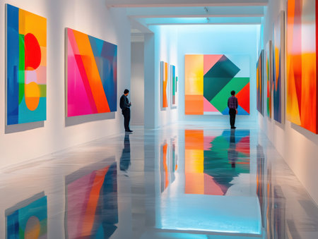 A gallery showcases modern art. Visitors admire colorful, abstract paintings. The polished floor reflects the artwork, creating a stunning visual effect in the bright, spacious exhibition space.の素材
