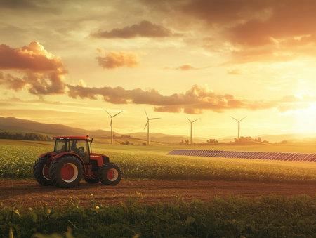 A red tractor sits in a field at sunset, with wind turbines and solar panels in the background. It is a scene of modern farming and renewable energy.の素材