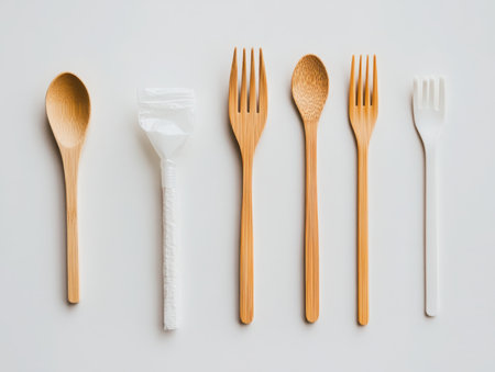a detailed view showcases an assortment of wooden and plastic cutlery arranged neatly on a bright white surface, creating a simple yet elegant still life.の素材