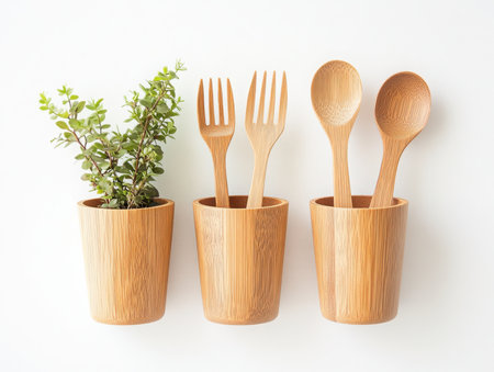 A set of wooden utensils in matching cups, with a small plant, all on a clean, white surface. The scene evokes a sense of natural, minimalist style.の素材
