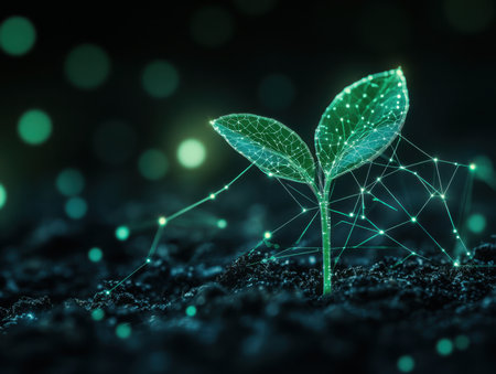 A digital plant grows from the soil, with a network overlayed. It represents growth, connection, and innovation in the digital age. It is a modern concept.の素材