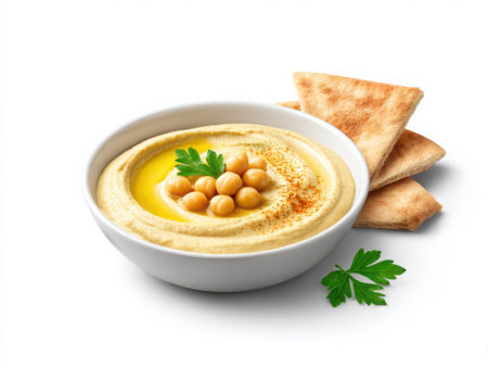 A close-up showcases a bowl of hummus, garnished with chickpeas and parsley. Pita bread triangles are placed beside it, all against a clean backdrop, highlighting the dish.の素材
