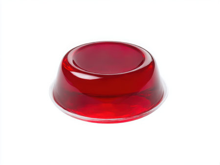 A single serving of red gelatin dessert in a clear cup, isolated. The image showcases a simple, sweet treat with a vibrant color, set against a clean backdrop, emphasizing its molded shape.の素材