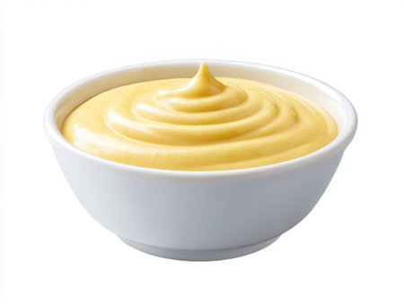 A close-up shot showcases a bowl filled with a creamy, yellow sauce. The smooth texture and appetizing appearance suggest a flavorful condiment, perfect for enhancing various dishes.の素材