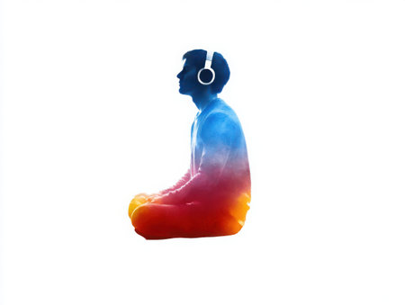 A person is meditating in a lotus position wearing headphones. The figure is filled with a gradient of colors, blending from blue at the top to red at the bottom, set against a clean space.の素材